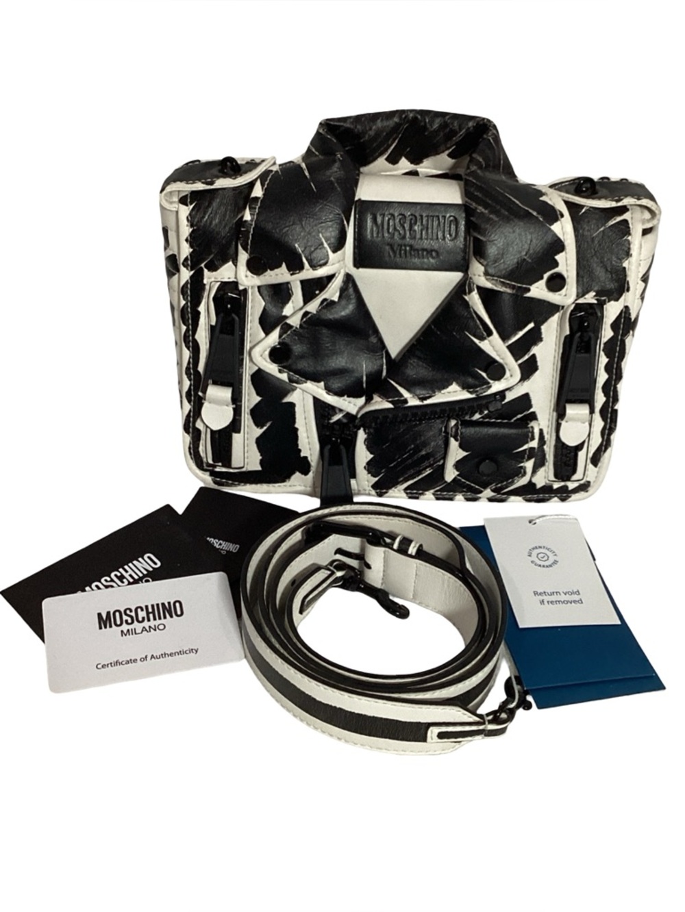 Moschino Black & White Brushstroke Print Nappa Leather Biker Bag